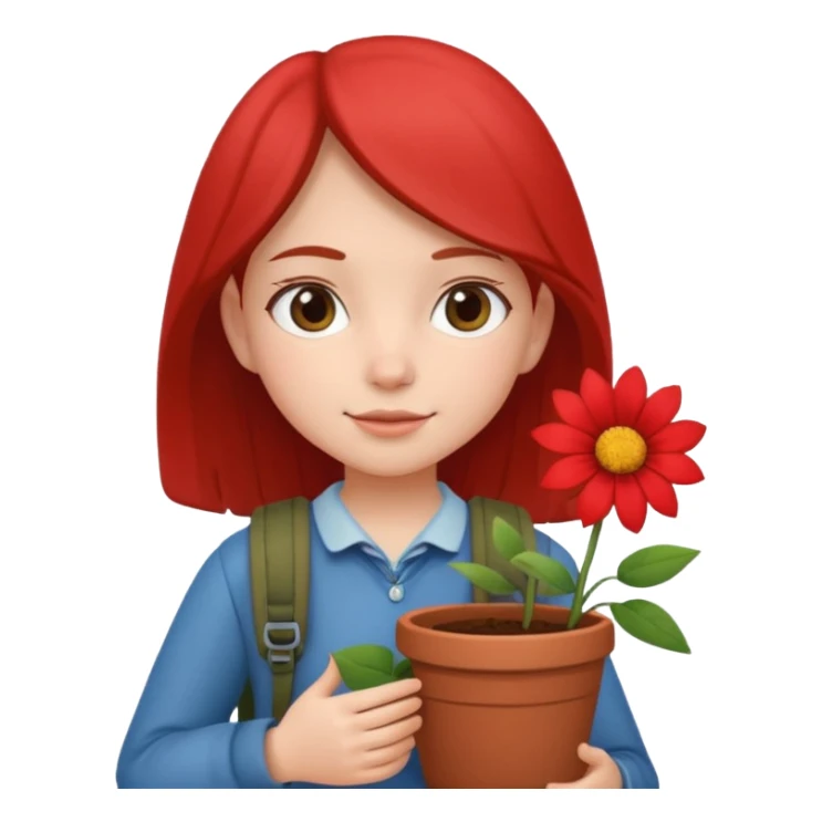 young girl wearing packpack, holding a flower pot sticker