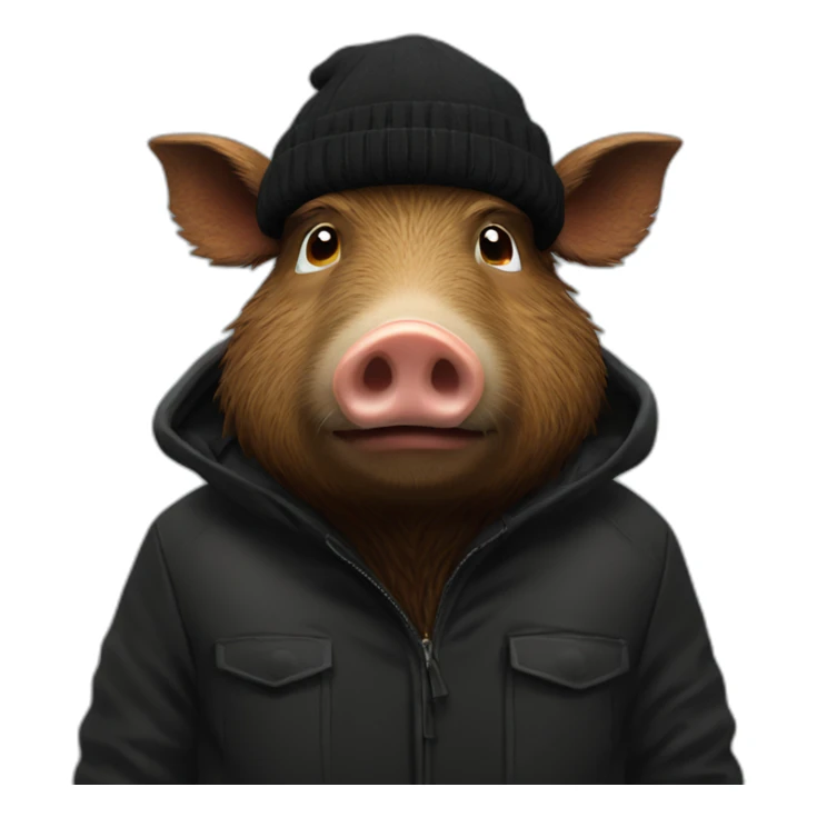 fullface wild tired brown boar in a black jacket and a black winter hat sticker