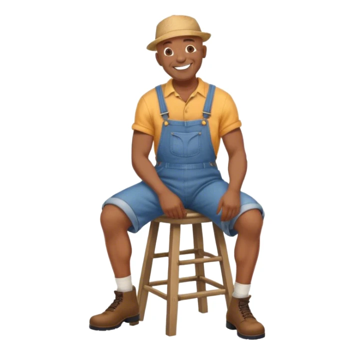 Side view Laughing Old bald black man sitting on stool wearing overalls wearing hat sticker