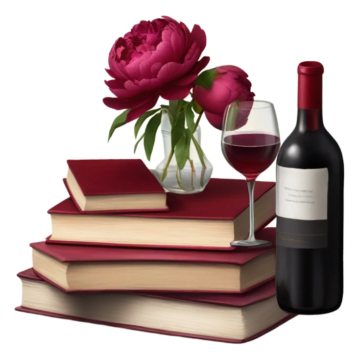 A crimson stack of books with deep red peonies and a glass of red wine sticker