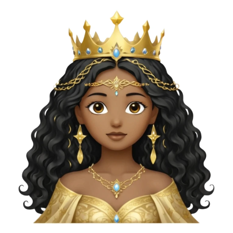 a black beautiful angel with gold pattern on her face and and long wavy black hair, she wears a ethereal crown with sparkling strings and a beautiful sparkling golden gown with moon crest in the middle of the gown, her face calm, gentle and kind, magical aura around her sticker