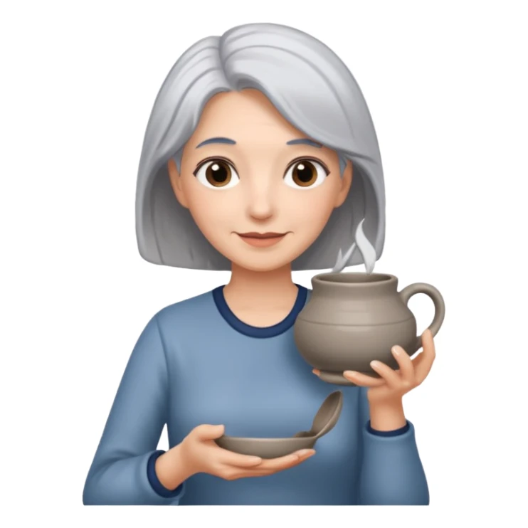 Woman with grey hair with ceramics sticker