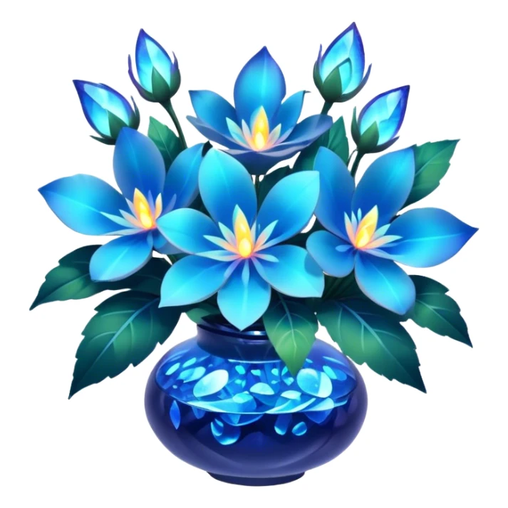 "A magical blue floral arrangement with glowing petals and leaves."
 sticker