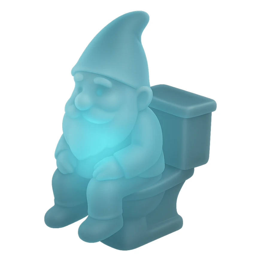 matte glass style gnome sitting on a toilet, magical glow, translucent effects sticker