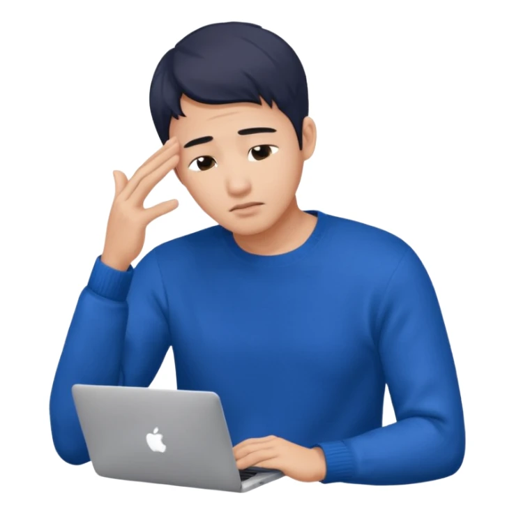 a asian handsome guy wearing a blue knit with white shirt, facepalming with only one hand, with a macbook, only upper body, high quality. more natural sticker