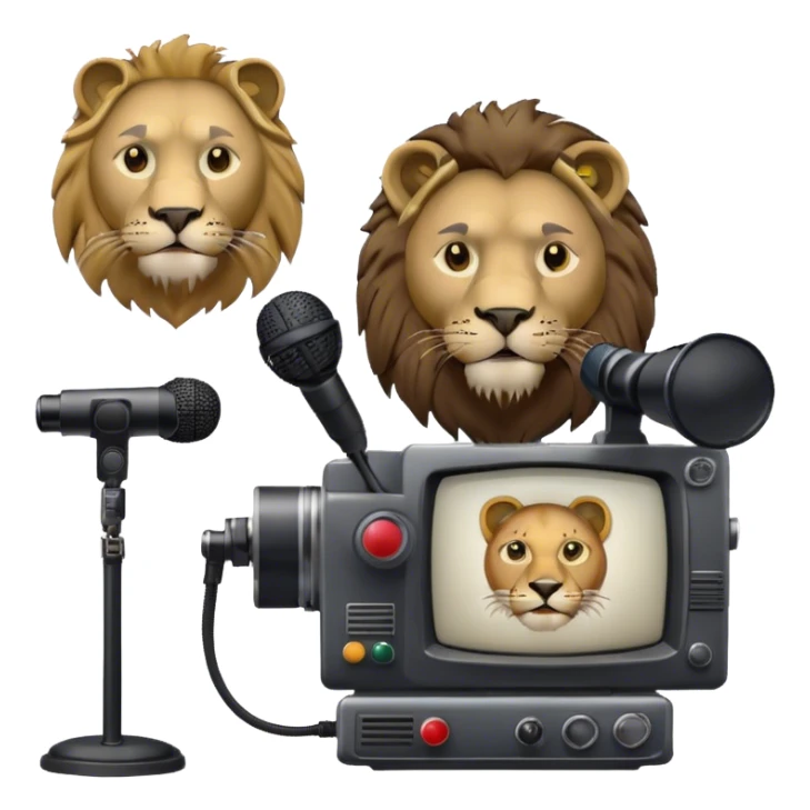 Icon for Documentary TV Show: A TV screen with a microphone, books, historical documents and scientific symbols. Include a roaring lion or other animal, interview setup with a camera and a serious-looking news anchor or narrator. Transparent background. sticker