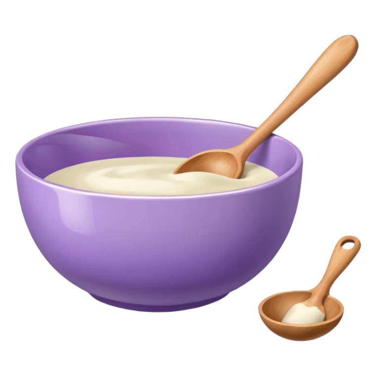 a lilac ceramic mixing bowl with a wooden spoon stirring sticker