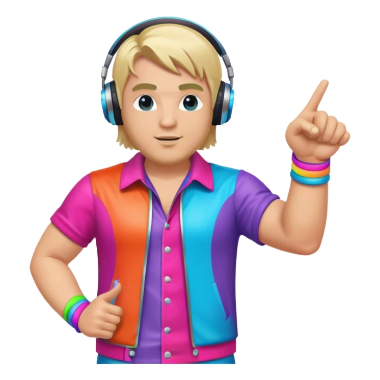 blond big man in colorful dj outfit pointing left sticker