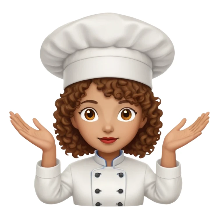 Light brown skinned mixed-race female chef with medium-length curly brown hair, wearing a chef's hat (toque), with both an angel halo and devil horns on her head sticker
