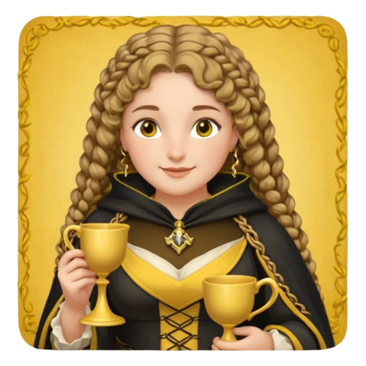 Helga Hufflepuff, 2 curly thick brown braids, yellow-black medieval dress, black cloak decorated with gold braiding, tiny two-handled shiny yellow-gold cup, very kind smile, curvy busty sweet woman, thick rosy cheeks sticker