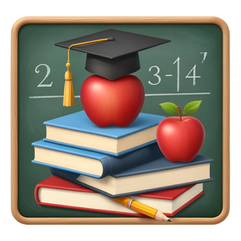 An icon featuring a chalkboard with educational equations, an apple, and a pencil, symbolizing pedagogy. The design includes a stack of books and a graduation cap, representing teaching and learning. Transparent background highlights the dedication to education and mentorship. sticker