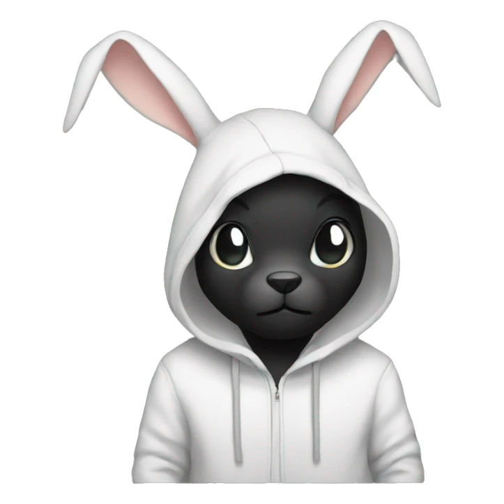 white rabbit wearing black hoodie with skull mark sticker