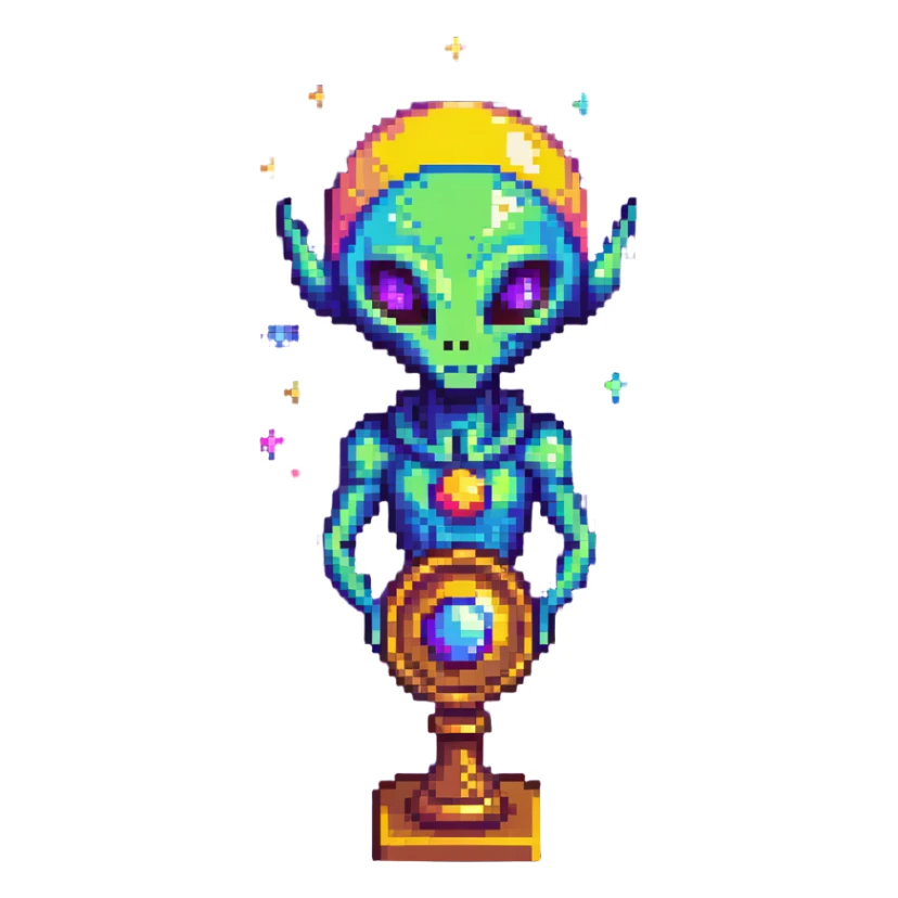 An alien trophy with cosmic colors of the universe, deep space blues and purples sticker