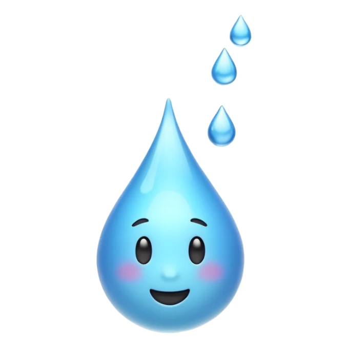 3D iPhone style emoji of a liquid drop falling, glossy and translucent, mid-air motion, isolated on white background, soft shadows, high detail, playful and cute. sticker