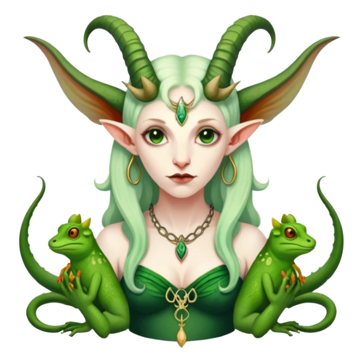 A green spent feminine Baphomet  with frogs and geckos sticker