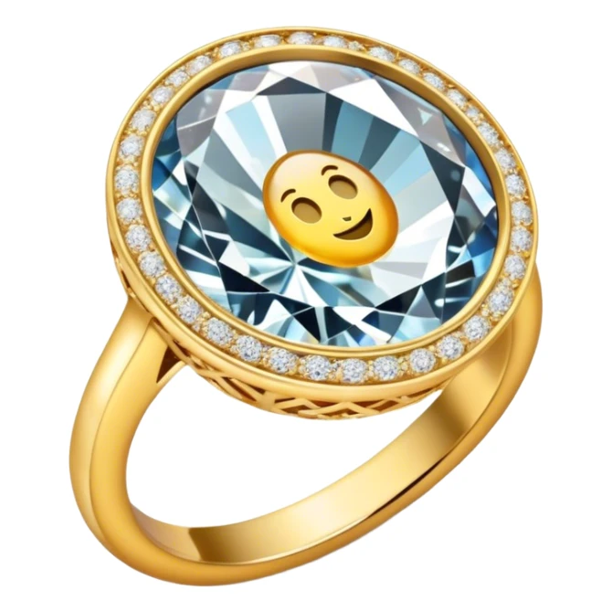 Create a bright, intricate, and elegant emoji that represents jewelry making and craftsmanship. The design should feature a combination of elements like a diamond, a delicate ring, and a jeweler's tool (e.g., a magnifying loupe or small hammer). Use a sparkling effect to emphasize luxury, with gold and silver tones. The emoji should be visually striking and convey creativity, precision, and beauty. Make the background transparent. sticker