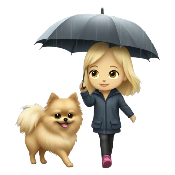 Blonde girl walking tiny pomeranian under the rain sticker