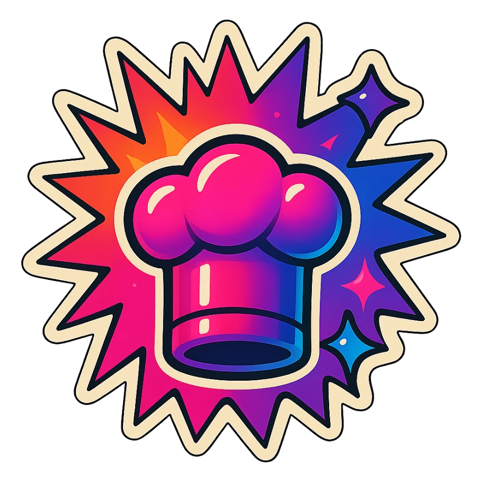 chef's hat, lot of colors explosions, playful and modern with gradient FF4D67, 9D34FF gradient, border black, vibrant, matching image reference  sticker