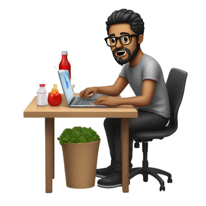Designer with black hair, beard and glasses working with MacBook and ketchup bottle sticker