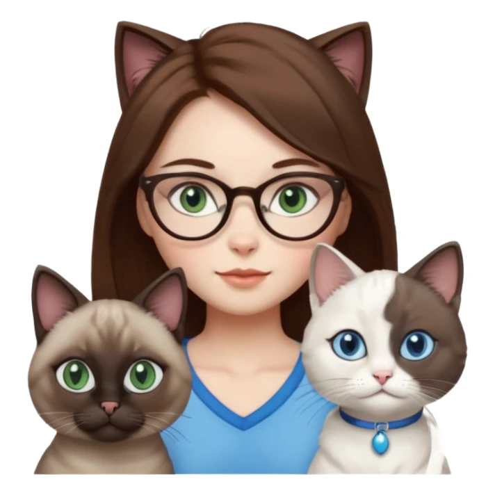 O data cu parul saten ,ochii griji-albastrii ,ochelari și codițe de pisica ..și langa o pisicuță alba pufoasa ,cu ochii verzi și o a doua pisica siameza pufoasa cu capul maro -negru și coada ,restul corpului un maro deschis spre alb  , ochii albaștrii  sticker