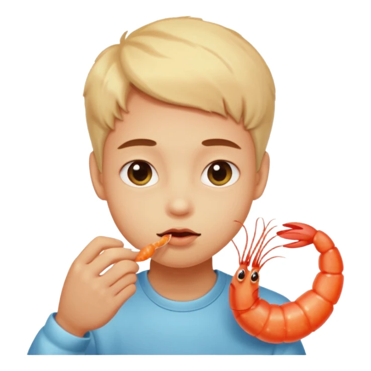 Emoji-style person tasting a weird-looking shrimp, curious expression, cute rounded face, soft shading sticker
