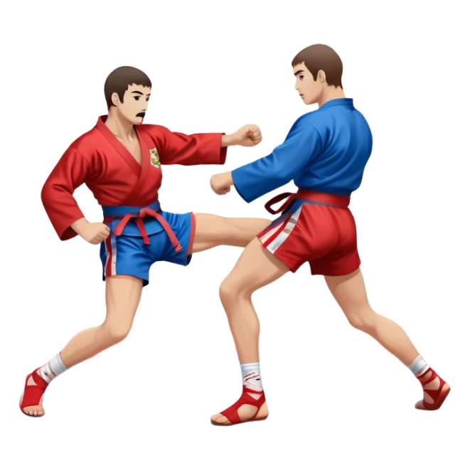 Two Sambo fighters in blue and red kimonos, with shorts and wrestling shoes, performing grappling and throwing techniques. The background shows a wrestling mat and an intense, focused atmosphere. Transparent background highlights the fluidity and skill of the sport without strikes. sticker