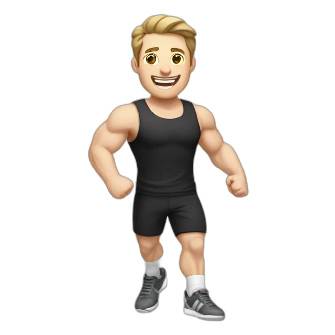Joyful Celebrating victory Pale skinned Fit Man With the biceps and dark brown hair in black shirt, gray sports shorts and white Sneakers sticker