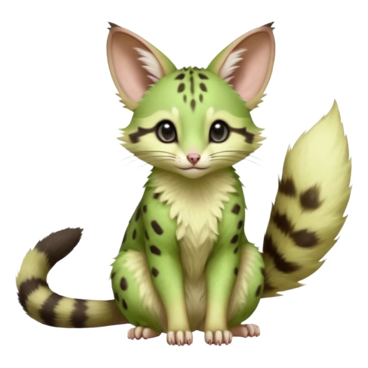 Light-neon-green, soft realistic romantic vintage antique divine beautiful elegant pretty precious cute young youthful  Fakémon-Pokémon-opossum-feline-mouse-serval-caracal-chinchilla-Minccino-Cinccino-Meowstic-rodent-hybrid-creature with a big fluffy bushy tail (full body) sticker