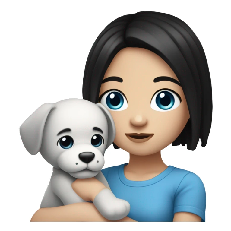 white Girl with black hair and blue eyes playing with plushy sticker
