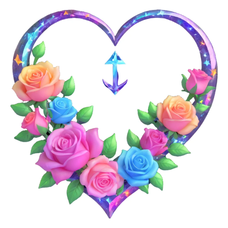 gothic heart made of prismatic glass, silver crescent moon, glowing pastel roses, holographic stardust, neon rainbow lightning, drenched and splintered glass sticker