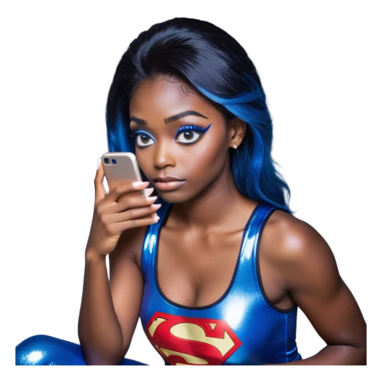 Disapponted-big tears-head back texting on phone-very very large upper body-sexy face-bending forward at waist-very long very straight dark blue to light blue ombre hair-and-blue eyes-thick black eyeliner-long eyelashes-iridescent blue lowcut tanktop with black leggings with glitter superman logo sticker
