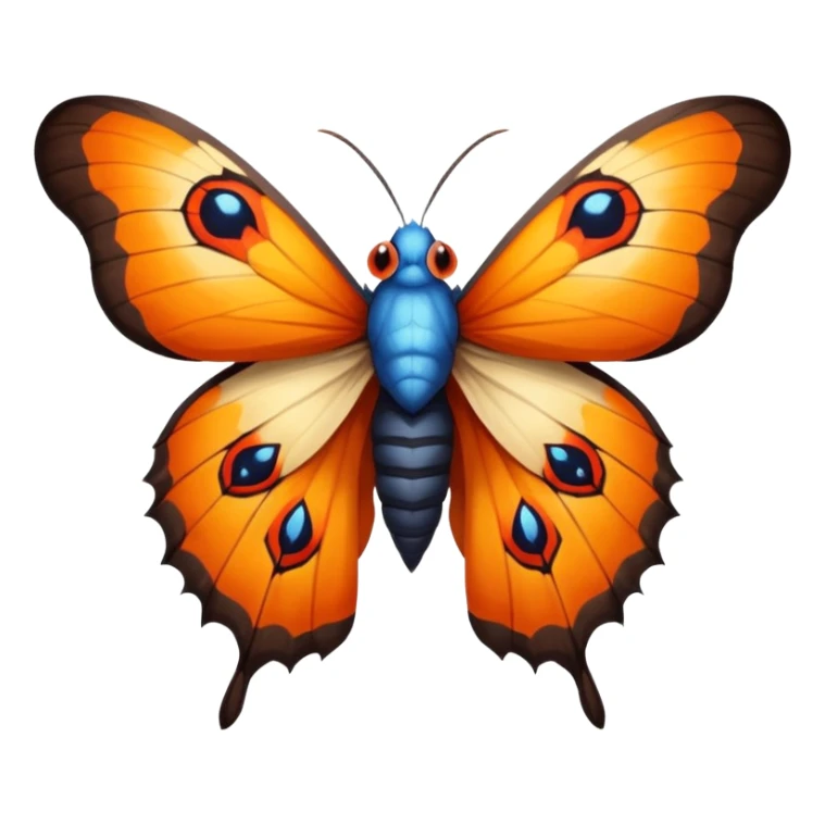 moth with blue eyes mornach butterfly wings orange and yellow with red godzilla eyes on the wings, brown tail, black Moth Insect Arms and legs almost like mothra sticker