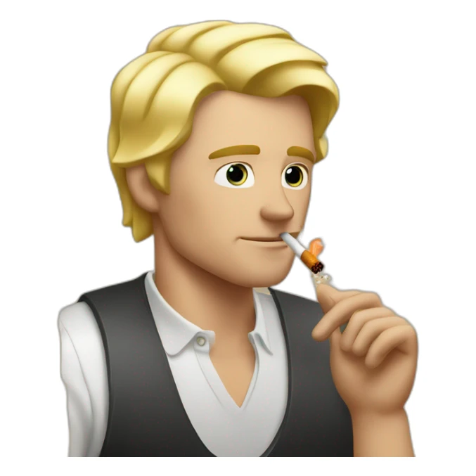blonde white man smoking cigarette in front of steak sticker