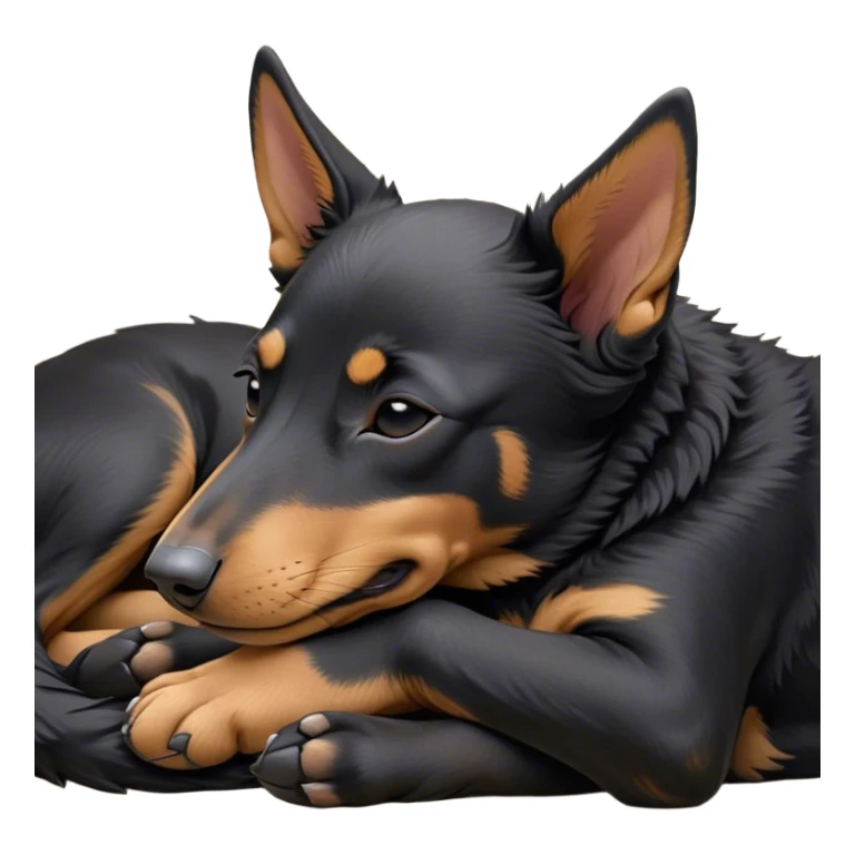 Meme-Worthy Cute Sleeping Black and Tan Kelpie Portrait Emoji, Head resting peacefully with a contented smile, showcasing a delightfully agile build and a luxuriously soft black and tan Fur, eyes shut in a serene nap, Simplified yet hilariously adorable features, highly detailed, glowing with a soft, drowsy light, high shine, relaxed and utterly lovable, stylized with an air of playful laziness, bright and heartwarming, soft glowing outline, capturing the essence of a comically sleepy herder, so meme-worthy it feels like it could instantly become the next viral sensation of adorable slumber! sticker