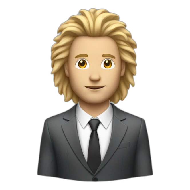 White man with lion's mane hair and suit sticker