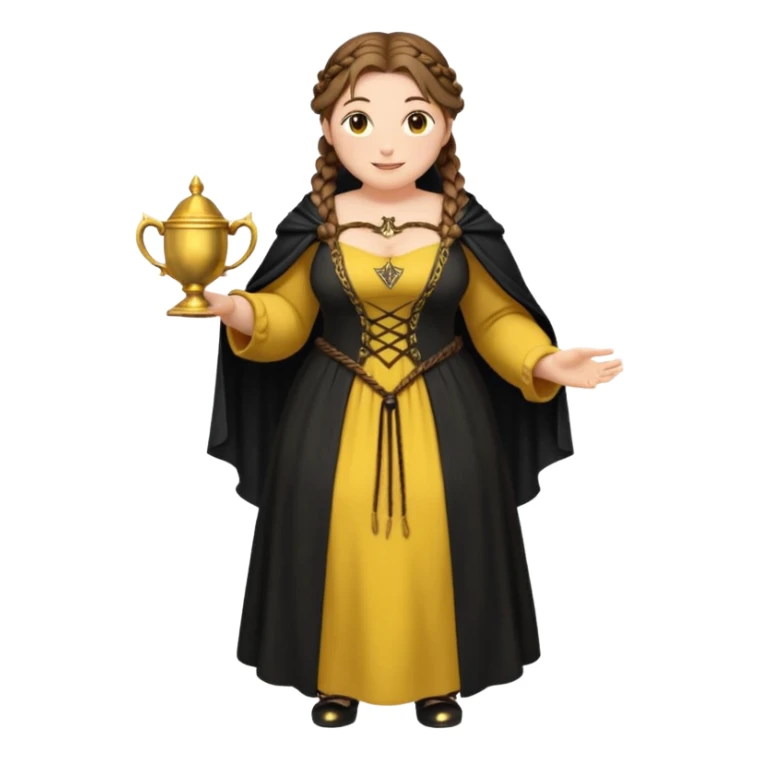 Helga Hufflepuff,brown-haired,2 braids,yellow-black medieval open dress,deep neckline,fat macromastia,black cloak decorated with gold braiding,gold cup with two handles,very kind smile,curvy busty sweet woman,round rosy cheeks,full length with medieval shoes sticker
