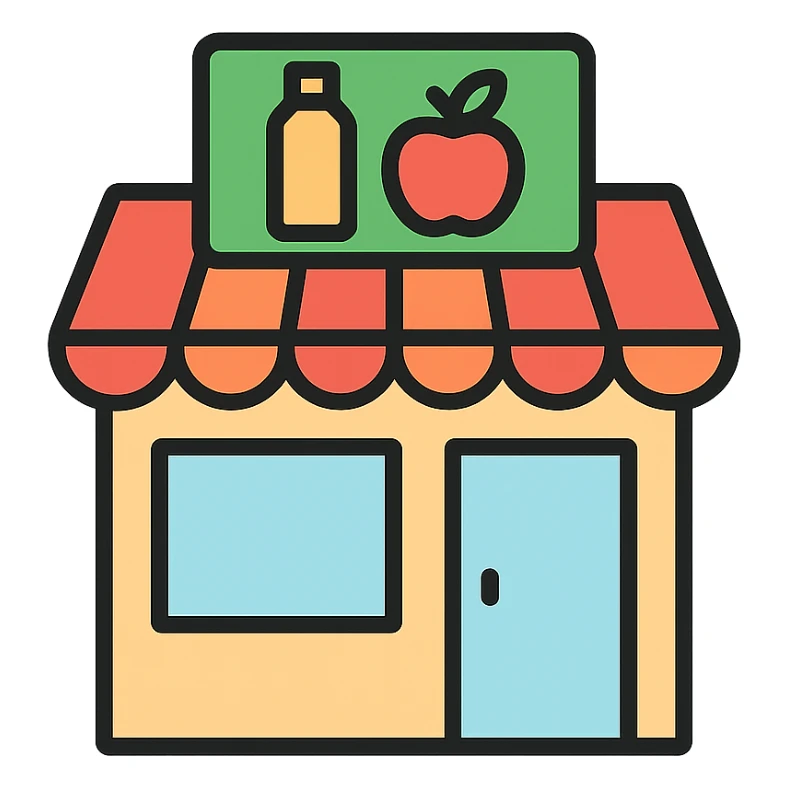 grocery store icon, outlined with subtle color accents, professional and friendly sticker