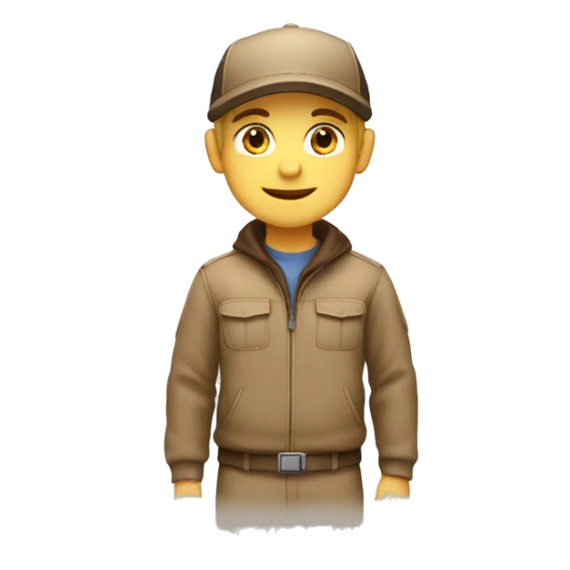 Blonde Delivery boy, full body, light skin tone, wearing brown cap and brown jacket, UPS delivery company uniform loading a package without background sticker