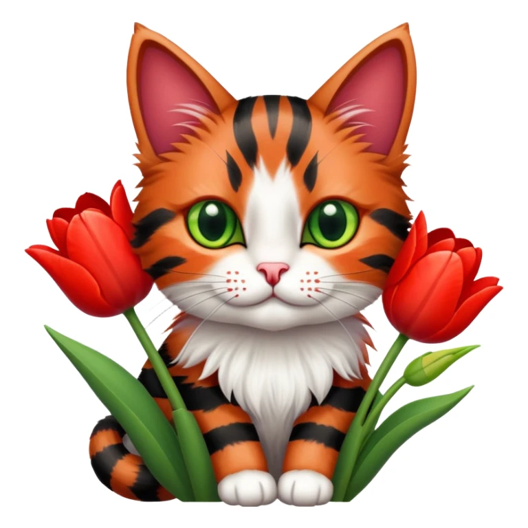 tricolor fluffy cat with big green eyes holding red tulips in her arms sticker
