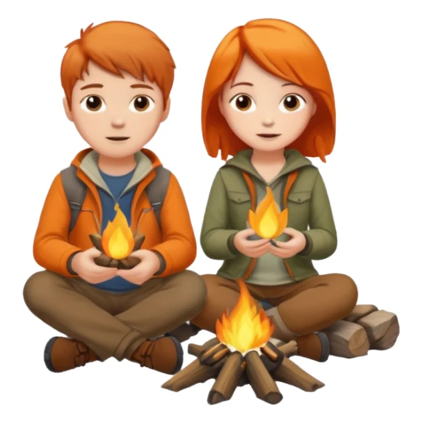 A Brown Haired boy and a orange haired girl sitting at a campfire sticker