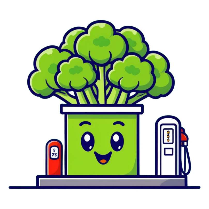 gas station stylized as broccoli, funny icon sticker