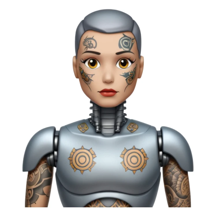 Tatooed robot, big many tatooes on chest, neck and face sticker