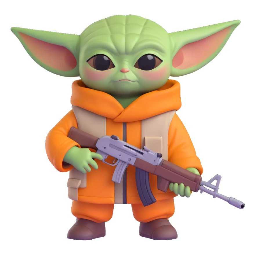 Baby Yoda holding an AK-47, 3D style, vibrant colors sticker