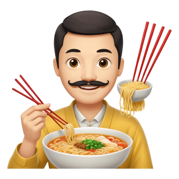 Chinese guy, yellow emoji, with long moustache smiling with ramen sticker