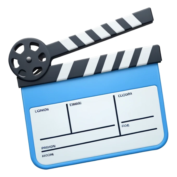 ultra simplified movie clapper with blue and white colors, two simple rectangles with a diagonal line sticker