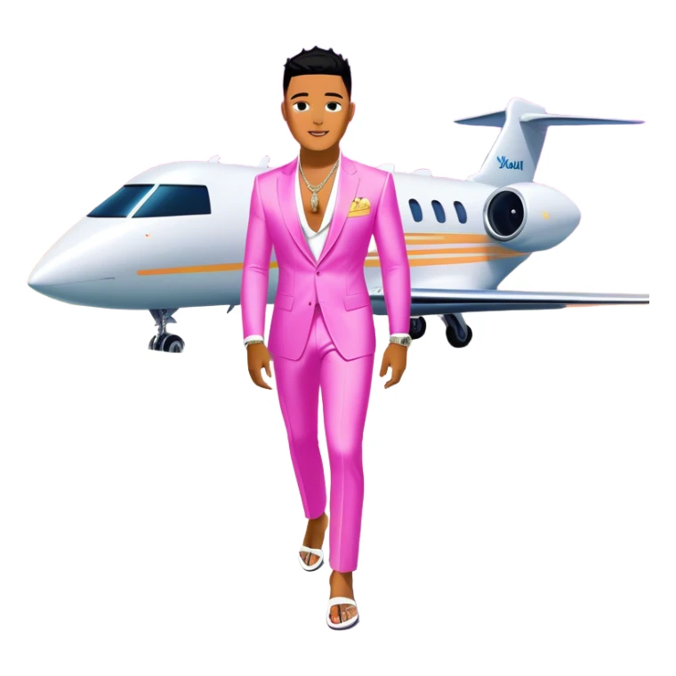 Josh King Madrid, digital entrepreneur and AI mogul, stepping off a glowing neon private jet onto a runway lined with stacks of cash, he is surrounded by multiple robo-chicks showing off summer swimwear fashion. These robots look like the AI versions of the 5 Kardashians sisters. It’s super emojified type art  sticker