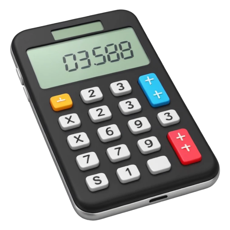 3D iPhone style emoji of a calculator with numbers on display, symbolizing calculation, vibrant colors, isolated on white background, soft shadows, high detail, playful and cute. sticker