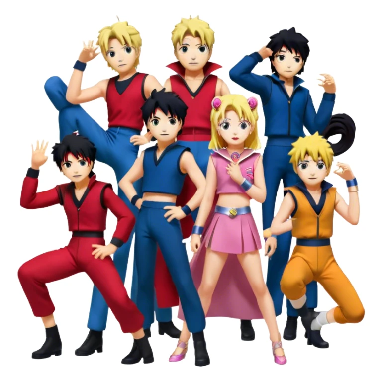 Icon for Anime Collage: Vibrant close-up collage Characters from Cowboy Bebop, Naruto, Bishoujo Senshi Sailor Moon and Kimetsu no Yaiba, each in their iconic poses and vibrant outfits, blended together with dynamic backgrounds. Transparent background. sticker