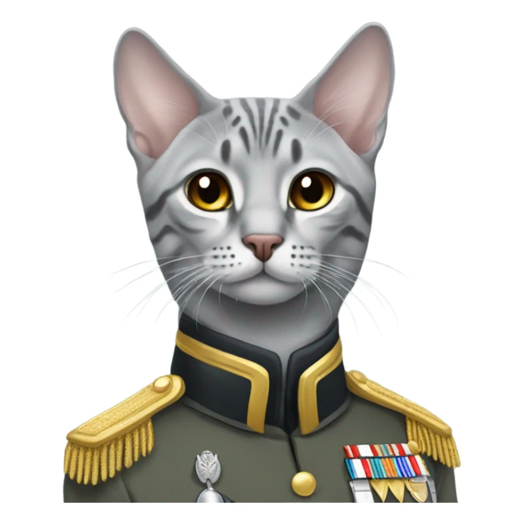 A grey Egyptian Mau with a military general uniform sticker