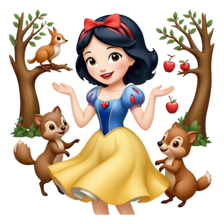 Cinematic Playful Snow White Portrait Emoji, Laughing while dancing with woodland animals, dress twirling gracefully, a whimsical sparkle in her eye, radiating charm and pure delight! sticker